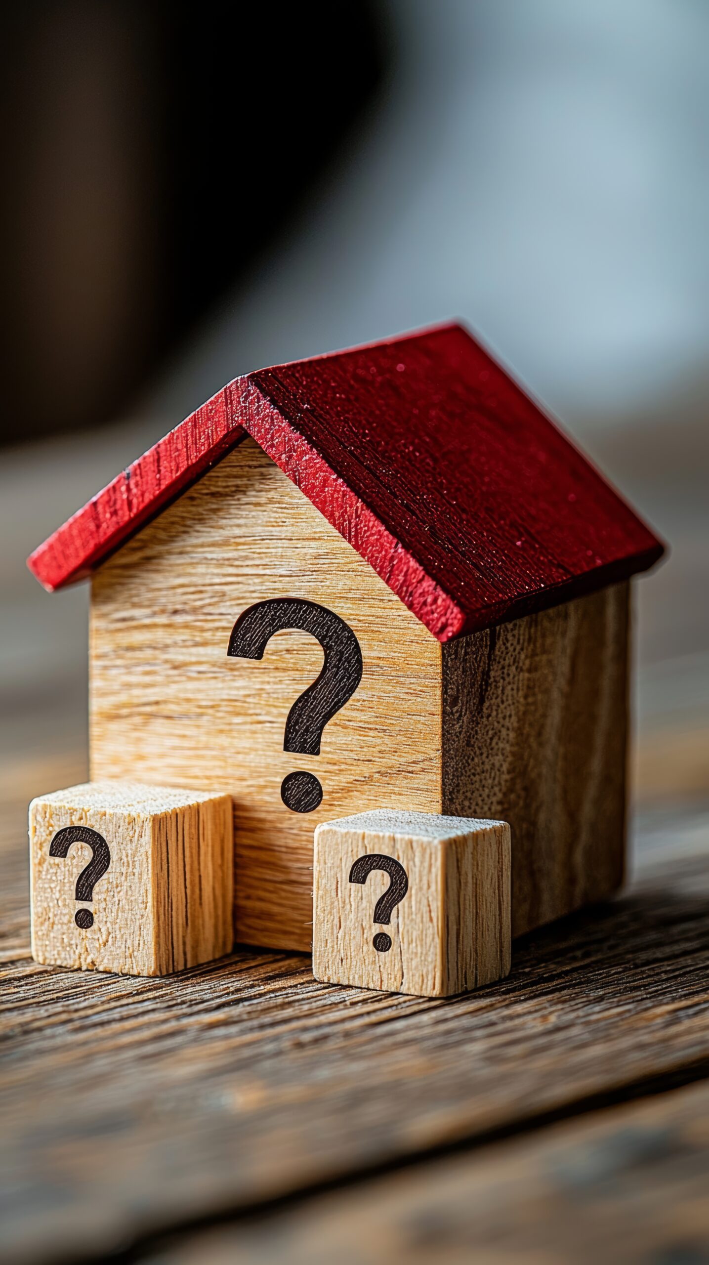 detailed wooden house model with a red roof, set on a smooth wooden surface, with blocks showing