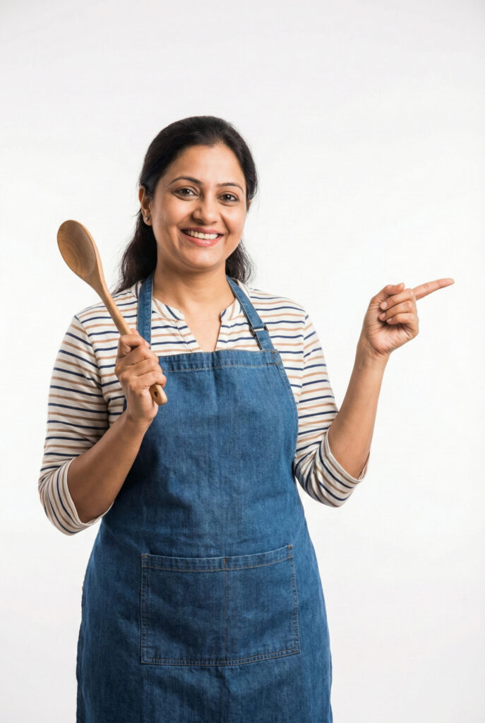 smiling indian woman apron holding wooden spoon pointing